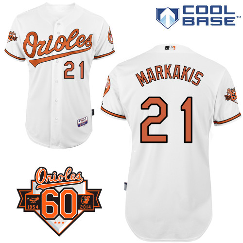 Nick Markakis #21 MLB Jersey-Baltimore Orioles Men's Authentic Home White Cool Base/Commemorative 60th Anniversary Patch Baseball Jersey